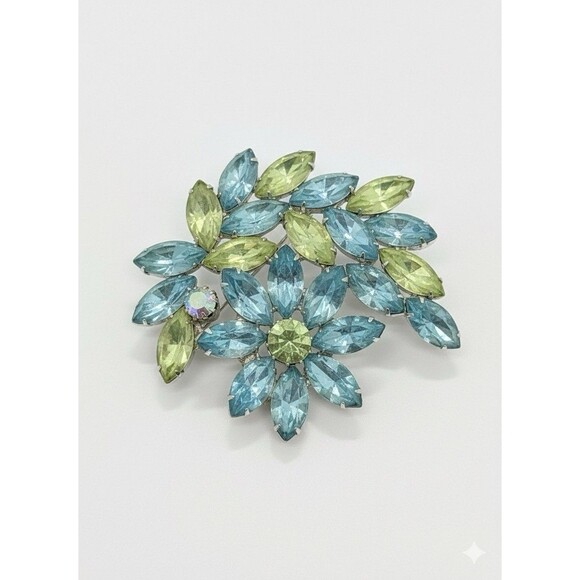 VINTAGE 1950s Rhinestone Flower Brooch - Aqua Blue & Chartreuse Marquise Pin 2" - Picture 1 of 6